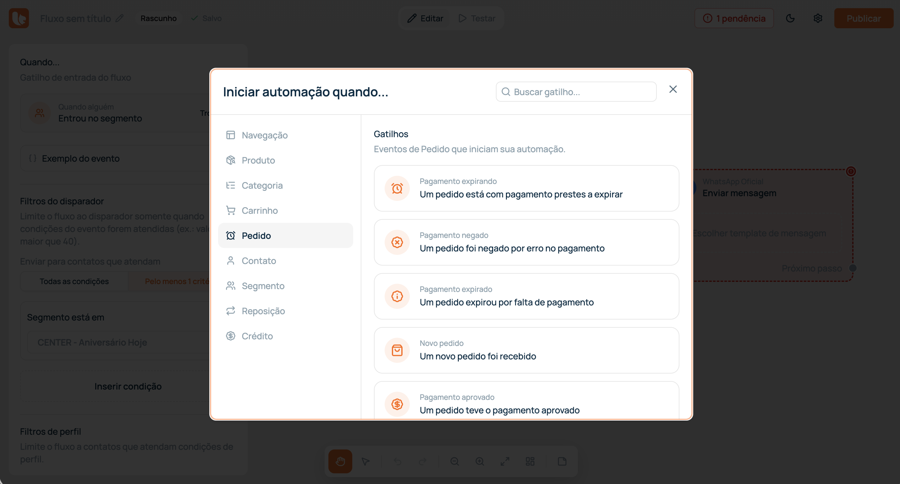 Tela da Bevean escolhendo o gatilho que inicia uma automação, com eventos de pedido como pagamento aprovado ou novo pedido.