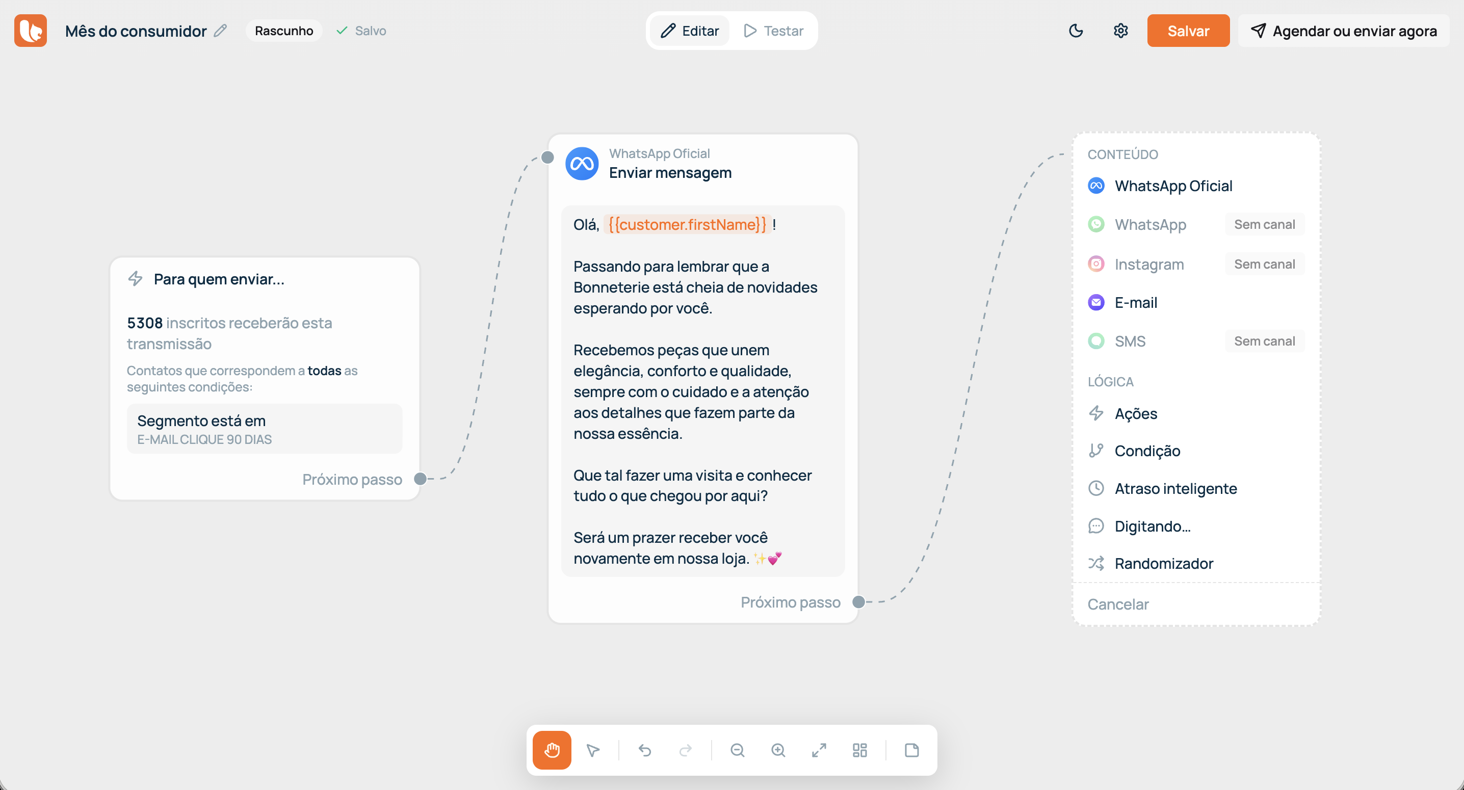 Construtor de campanhas da Bevean: um fluxo com o público-alvo, a mensagem de WhatsApp e o painel de canais e lógica.