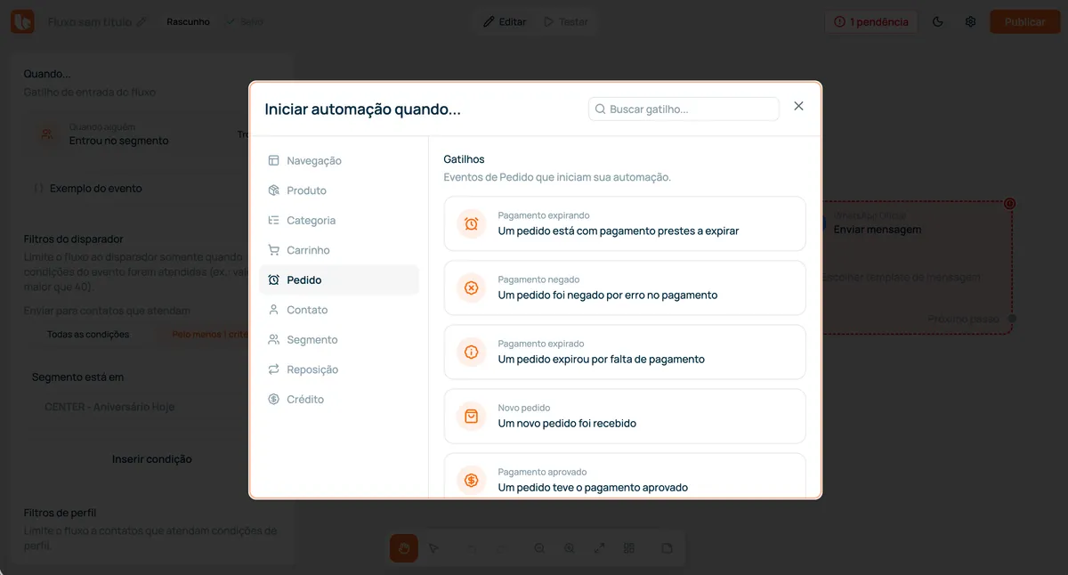 Tela da Bevean escolhendo o gatilho que inicia uma automação, com eventos de pedido como pagamento aprovado ou novo pedido.